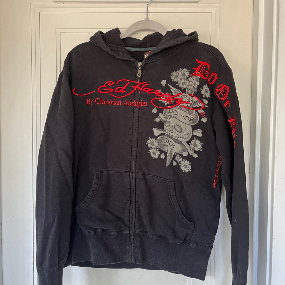 Ed Hardy Black Zip-Up with Red and Gray Skull Design